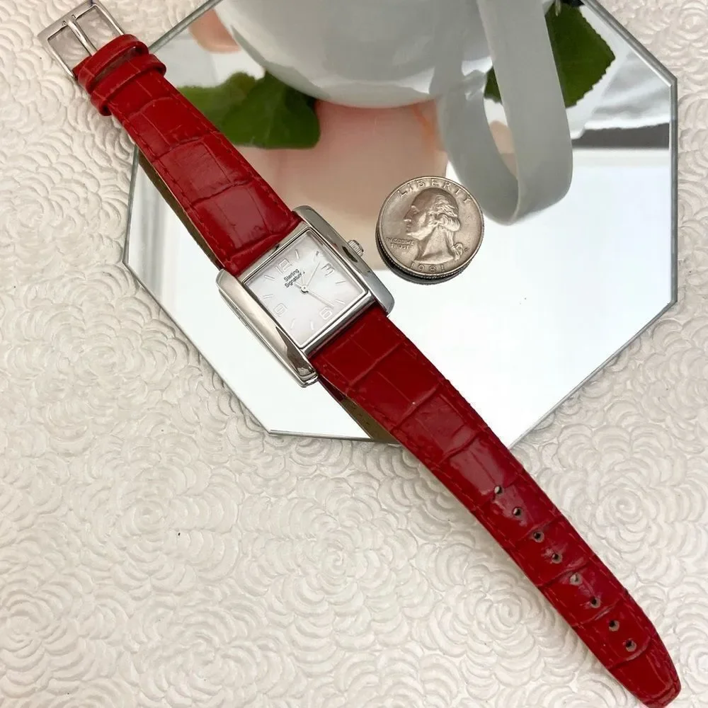 Sterling Signatures 925 Silver Tank Style Watch Mother of Pearl Dial Red Leather - Picture 9 of 16